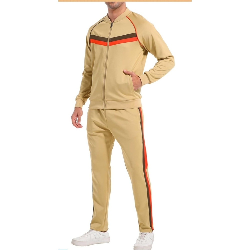 JIAN WANG Mens Tracksuit Set Jacket Pants Tan Brown Orange Stripe Size M‎